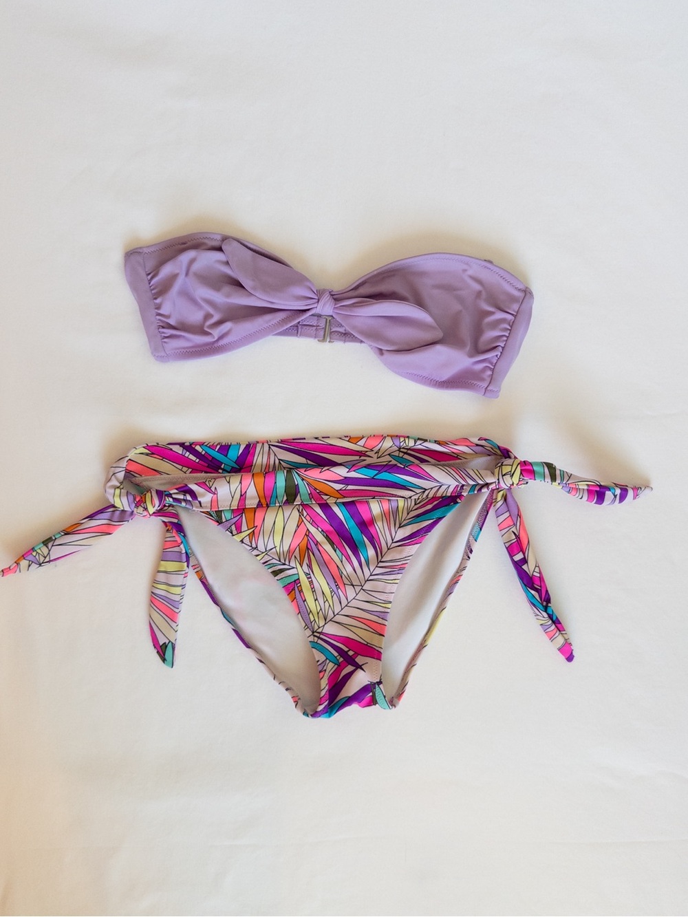 Victoria's Secret Lilac Bandeau Bikini Set Neon Tropical Tie Side Bottoms Y2K